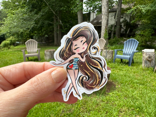 Sticker | Nautical I | Girl with Brown Hair | Waterproof Vinyl Sticker | White | Clear | Permanent | Removable | Window Cling | Glitter | Holographic
