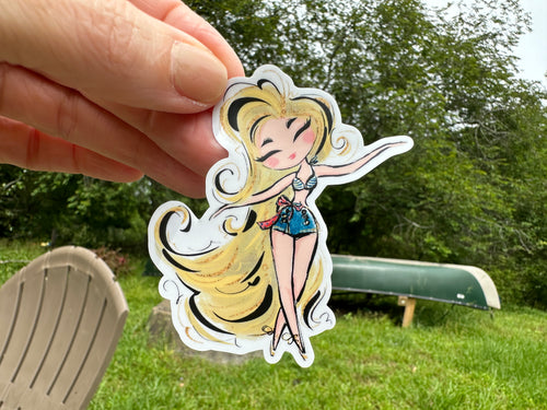 Sticker | Nautical K | Girl with Long Blonde Hair | Waterproof Vinyl Sticker | White | Clear | Permanent | Removable | Window Cling | Glitter | Holographic