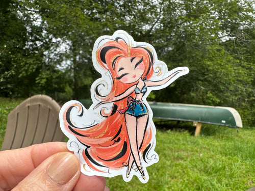 Sticker | Nautical L | Girl with Long Red Hair | Waterproof Vinyl Sticker | White | Clear | Permanent | Removable | Window Cling | Glitter | Holographic