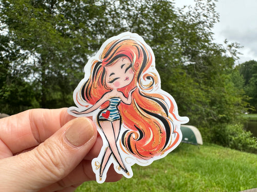 Sticker | Nautical P | Girl with Red Hair | Waterproof Vinyl Sticker | White | Clear | Permanent | Removable | Window Cling | Glitter | Holographic