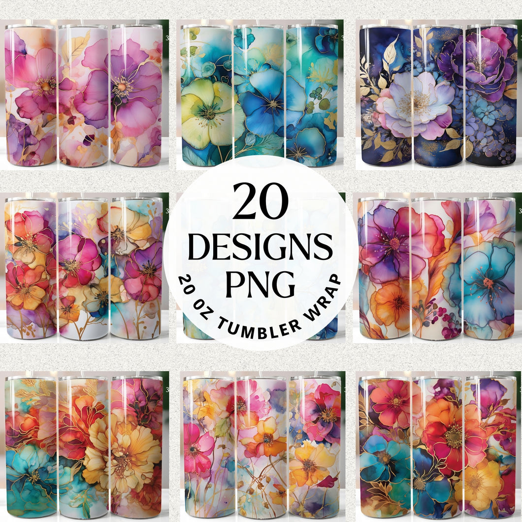 Floral Alcohol Ink 20oz Tumbler Wrap Bundle Digital Download