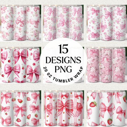 Pink Bow Tumbler Wrap Sublimation Bundle Digital Download