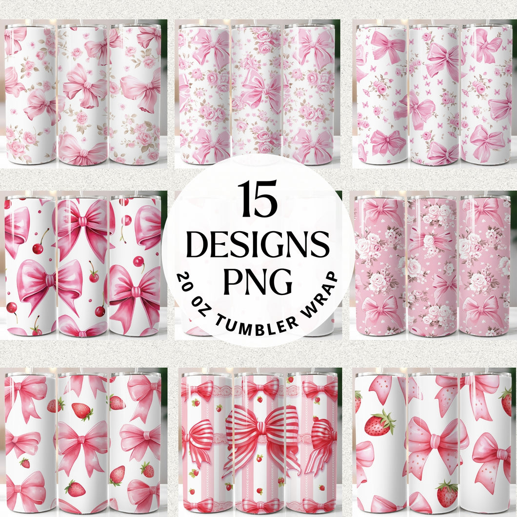 Pink Bow Tumbler Wrap Sublimation Bundle Digital Download
