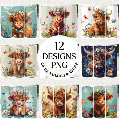Floral Highland Cow 20 oz Tumbler Bundle Digital Download