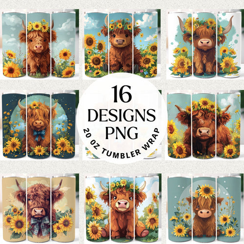 Sunflower Highland Cow 20 oz Tumbler Bundle Digital Download