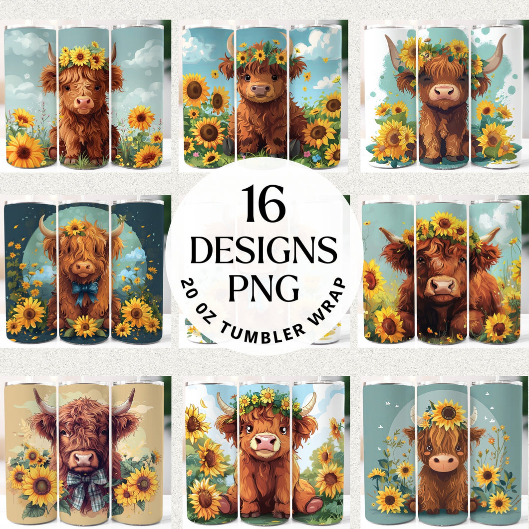 Sunflower Highland Cow 20 oz Tumbler Bundle Digital Download