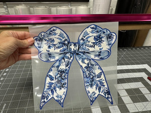 T Shirt Transfer | 47P | Blue Toile Bow | Sublimation, HTV, DTF