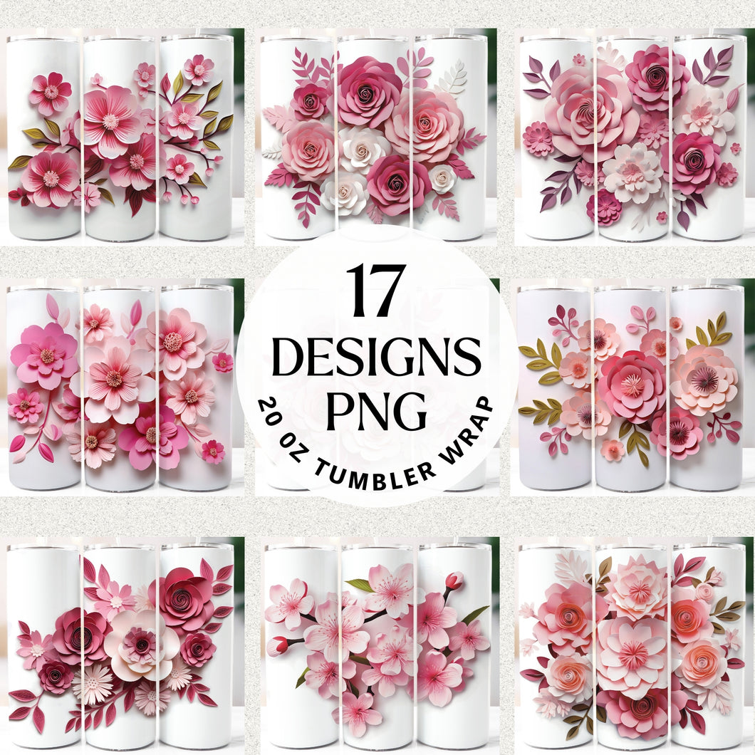 3D Pink and White Flowers Tumbler Wrap Sublimation Bundle