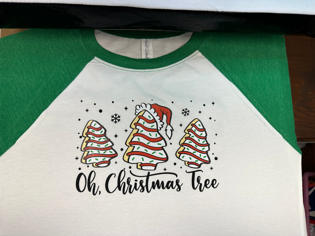 Next Level Brand Cotton Blend Raglan Sleeved Youth T Shirt Oh Christmas Tree