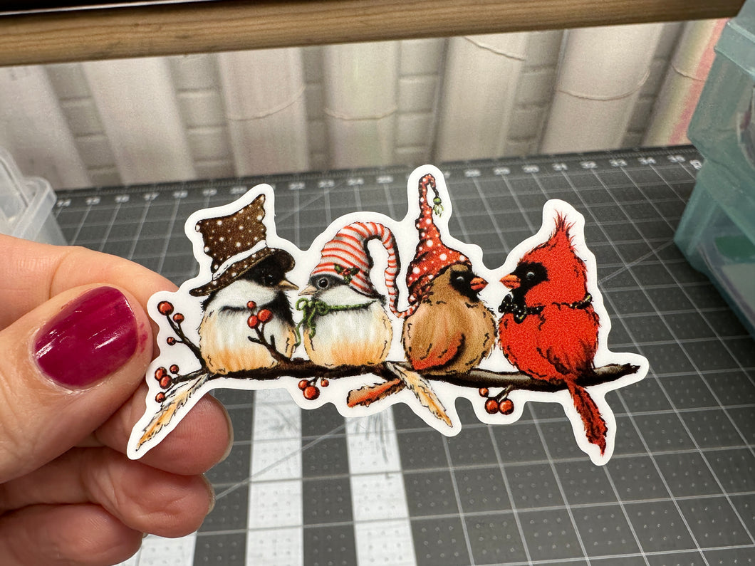 Sticker | 35L | Winter Birds on a Branch | Waterproof Vinyl Sticker | White | Clear | Permanent | Removable | Window Cling | Glitter | Holographic