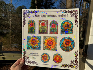 Sticker Sheet | Set of CLEAR Sunflower Stained Glass | 3 inch stickers | 12 x 12 sheet permanent adhesive | SUNCATCHER | Window Stickers (set#2)