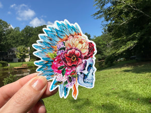 Sticker | 46B | Human Skull with Feather Headdress | Waterproof Vinyl Sticker | White | Clear | Permanent | Removable | Window Cling | Glitter | Holographic