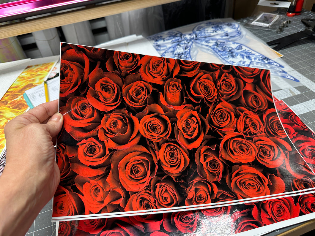 Printed Vinyl Red Roses Patterns Permanent Adhesive CLEARANCE