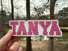 Load image into Gallery viewer, Custom Name Sticker in Faux Chenille Font Gold or Silver Border One name up to 4 inches wide