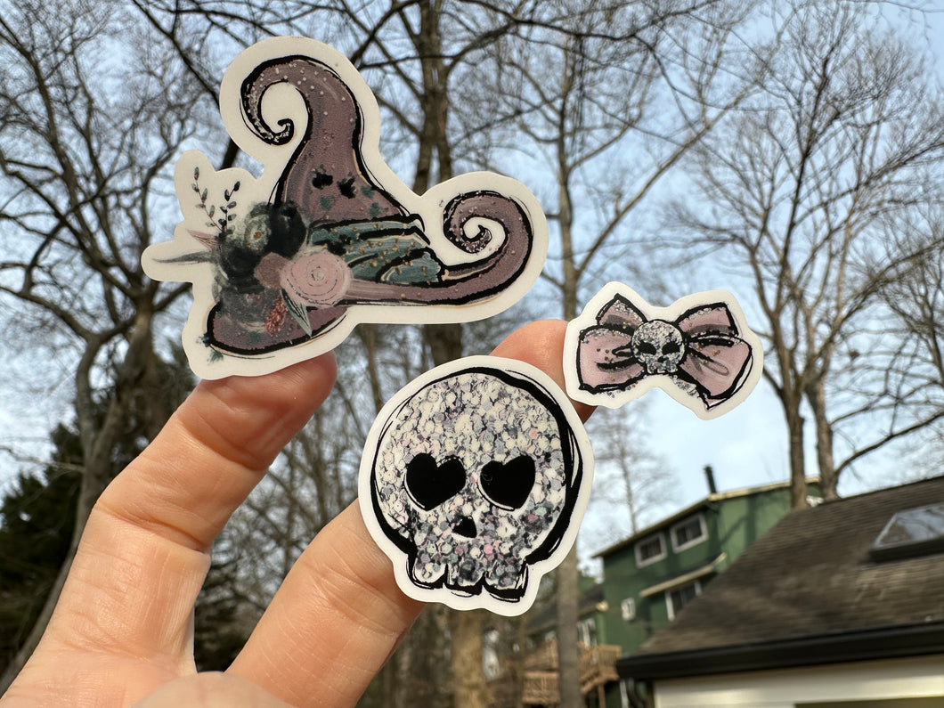 Sticker | 20O Halloween Witch Hat Skull | Waterproof Vinyl Sticker | White | Clear | Permanent | Removable | Window Cling | Glitter | Holographic