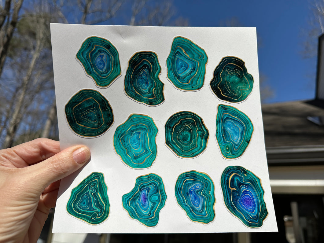 Sticker Sheet Set of Teal Blue Agate Stone Slices