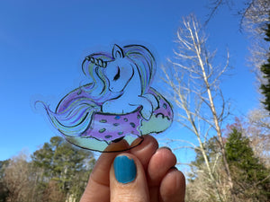 Sticker | 40i | Unicorn in Donut Float | Waterproof Vinyl Sticker | White | Clear | Permanent | Removable | Window Cling | Glitter | Holographic