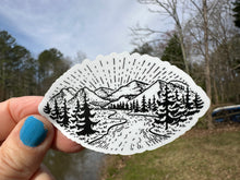 Load image into Gallery viewer, Sticker | 75J | Oval Mountain Scape | Waterproof Vinyl Sticker | White | Clear | Permanent | Removable | Window Cling | Glitter | Holographic