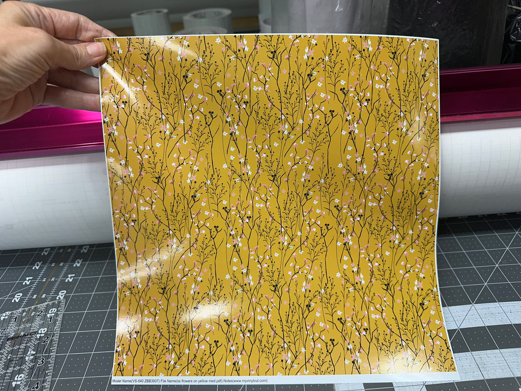 Printed Adhesive Vinyl Yellow Background Botanicals Pattern 12 x 12 sheet