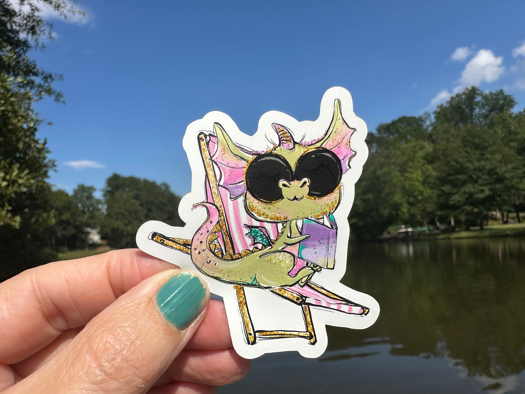 Sticker 14P Sunbathing Dragon with Sunglasses and a Book