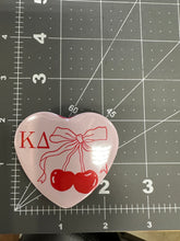 Load image into Gallery viewer, Heart Shaped Pin Back Button Kappa Delta Pink Heart with Coquette Cherries