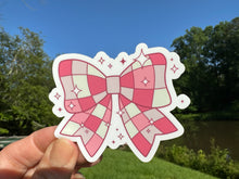Load image into Gallery viewer, Sticker | G | Coquette Disco Ball Bow | Waterproof Vinyl Sticker | White | Clear | Permanent | Removable | Window Cling | Glitter | Holographic