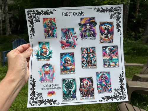 Sticker Sheet 12 x 12 inch Sheet Skeleton Tarot Cards 3 Inch Stickers