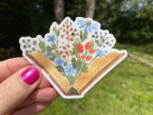 Sticker | 74M | Books with Flowers | Waterproof Vinyl Sticker | White | Clear | Permanent | Removable | Window Cling | Glitter | Holographic