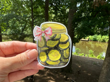 Load image into Gallery viewer, Sticker |  | Coquette Jar of Sliced Pickles | Waterproof Vinyl Sticker | White | Clear | Permanent | Removable | Window Cling | Glitter | Holographic