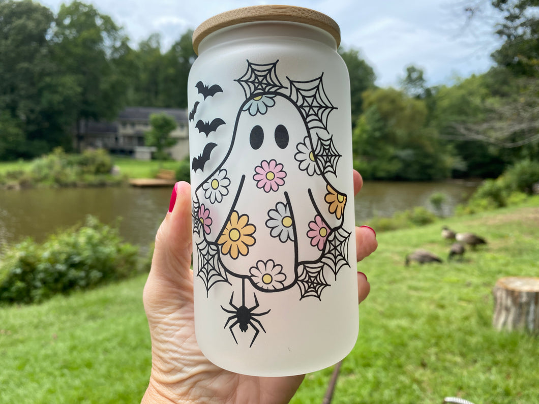 Drinkware 16 oz Frosted Glass Soda Can Shaped Drinking Glass with Daisy Ghost