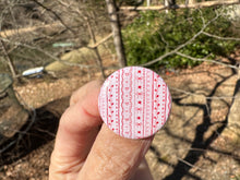 Load image into Gallery viewer, Pin Back Button Pink and Red Coquette Bows and Stripes pattern