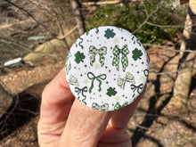 Load image into Gallery viewer, Pin Back Button Lucky Green Coquette Bows
