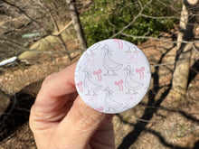 Load image into Gallery viewer, Pin Back Button Goose with pink bows