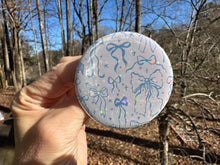 Load image into Gallery viewer, Pin Back Button Light Blue Coquette Bows Pattern