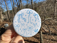 Load image into Gallery viewer, Pin Back Button Light Blue Coquette Bows Pattern