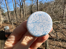 Load image into Gallery viewer, Pin Back Button Light Blue Coquette Bows Pattern