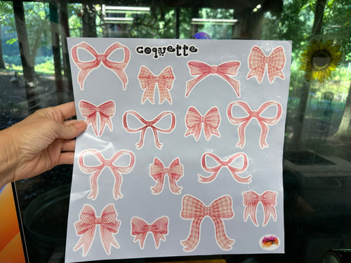 Sticker Sheet Pink Bows Coquette 12 x 12 inch Sheet with Various Size Stickers