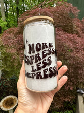Load image into Gallery viewer, Drinkware 16 oz Clear Glass Soda Can Shaped Drinking Glass More Espresso Less Depresso