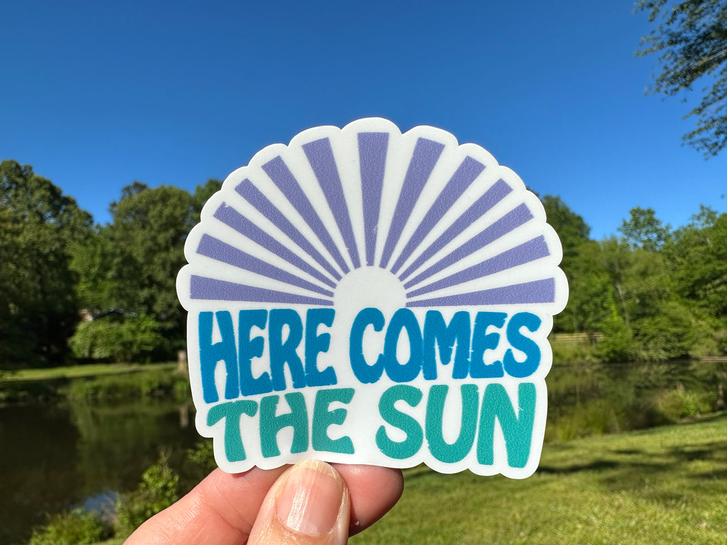 Sticker | 72C | Here Comes the Sun | Waterproof Vinyl Sticker | White | Clear | Permanent | Removable | Window Cling | Glitter | Holographic