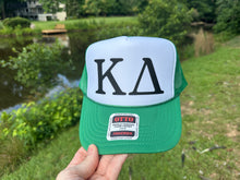 Load image into Gallery viewer, White Foam Front Kelly Green Mesh Back Trucker Hat Black Greek Letters Kappa Delta