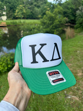 Load image into Gallery viewer, White Foam Front Kelly Green Mesh Back Trucker Hat Black Greek Letters Kappa Delta