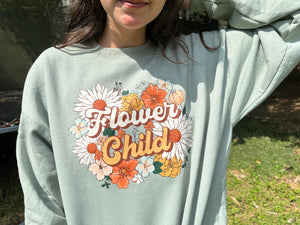 Hanes Unisex Ecosmart 50/50 Crewneck Sweatshirt with Flower Child Design applied using DTF size L
