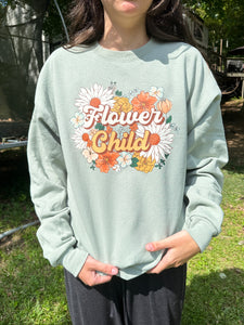 Hanes Unisex Ecosmart 50/50 Crewneck Sweatshirt with Flower Child Design applied using DTF size L