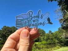 Load image into Gallery viewer, Sticker | 74A | Books with Dragons | Waterproof Vinyl Sticker | White | Clear | Permanent | Removable | Window Cling | Glitter | Holographic
