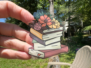 Sticker | 74G | Book Stack | Waterproof Vinyl Sticker | White | Clear | Permanent | Removable | Window Cling | Glitter | Holographic