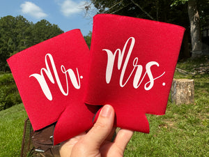 Mr. and Mrs. Set of Red Can Coolers with white text