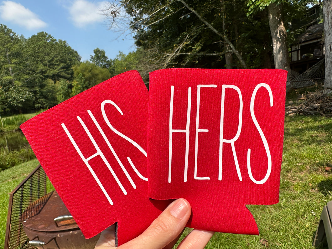 His and Hers Set of Red Can Coolers with white text