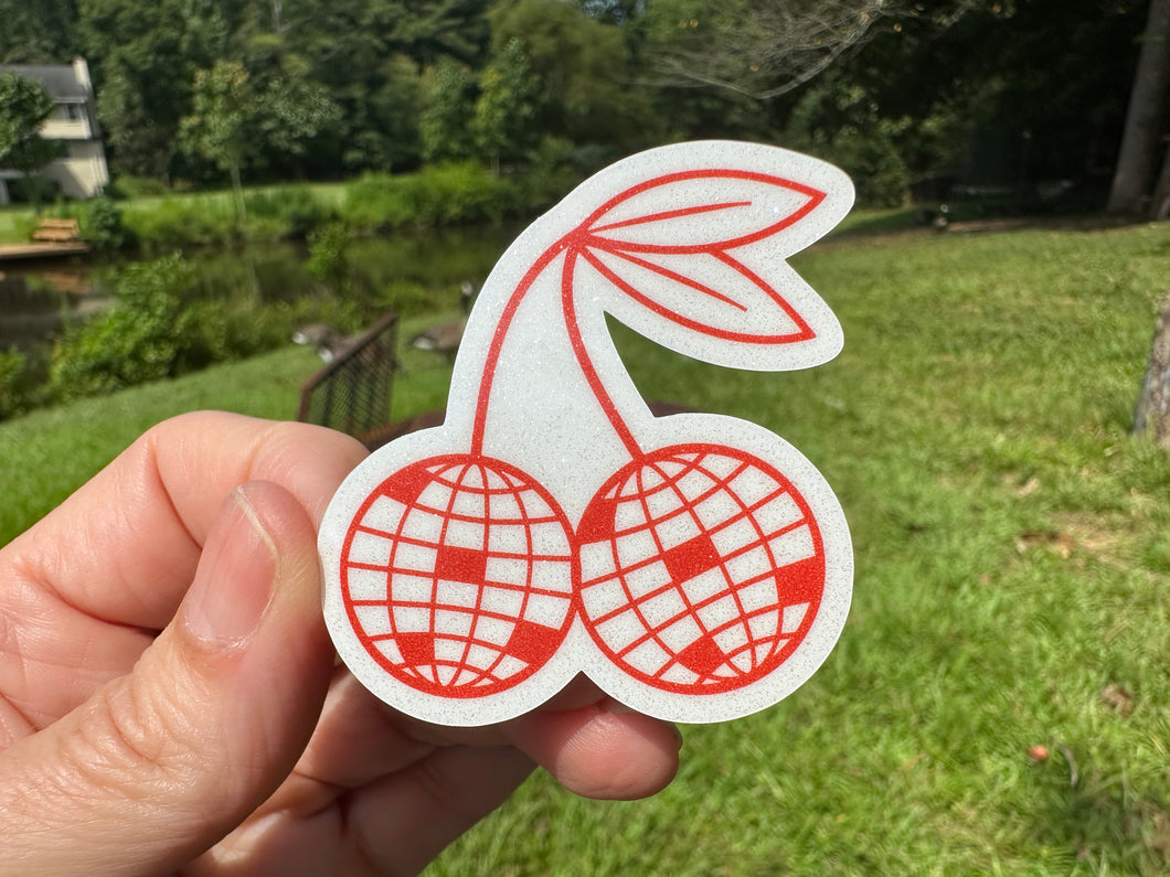 Sticker | 74J | Red Mirror Ball Cherries | Waterproof Vinyl Sticker | White | Clear | Permanent | Removable | Window Cling | Glitter | Holographic