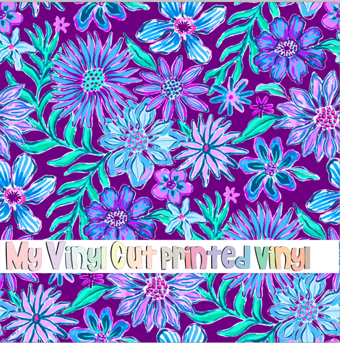 Printed Vinyl & HTV Blue and Purple Flowers B Pattern 12 x 12 inch sheet