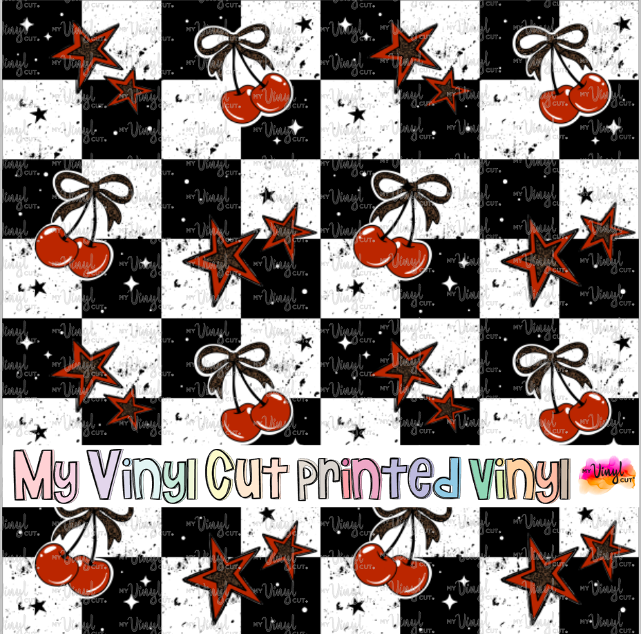 Printed Vinyl HTV & Waterslide Checkerboard Cherries Patterns 12 x 12 inch sheet